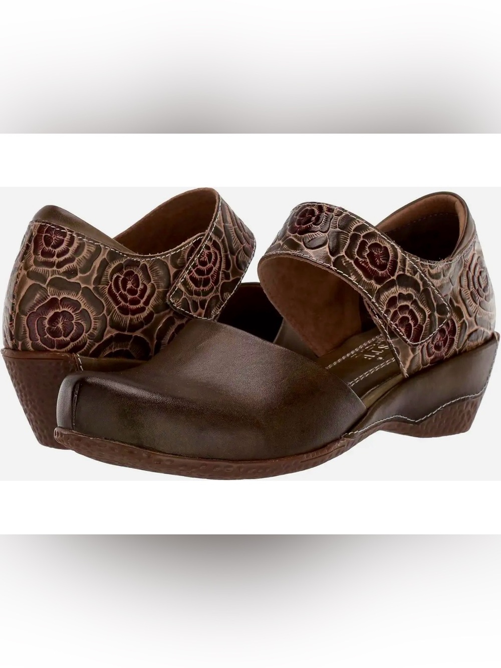 L'ARTISTE by Spring Step Olive Floral Embossed Strap Leather Clog Mule